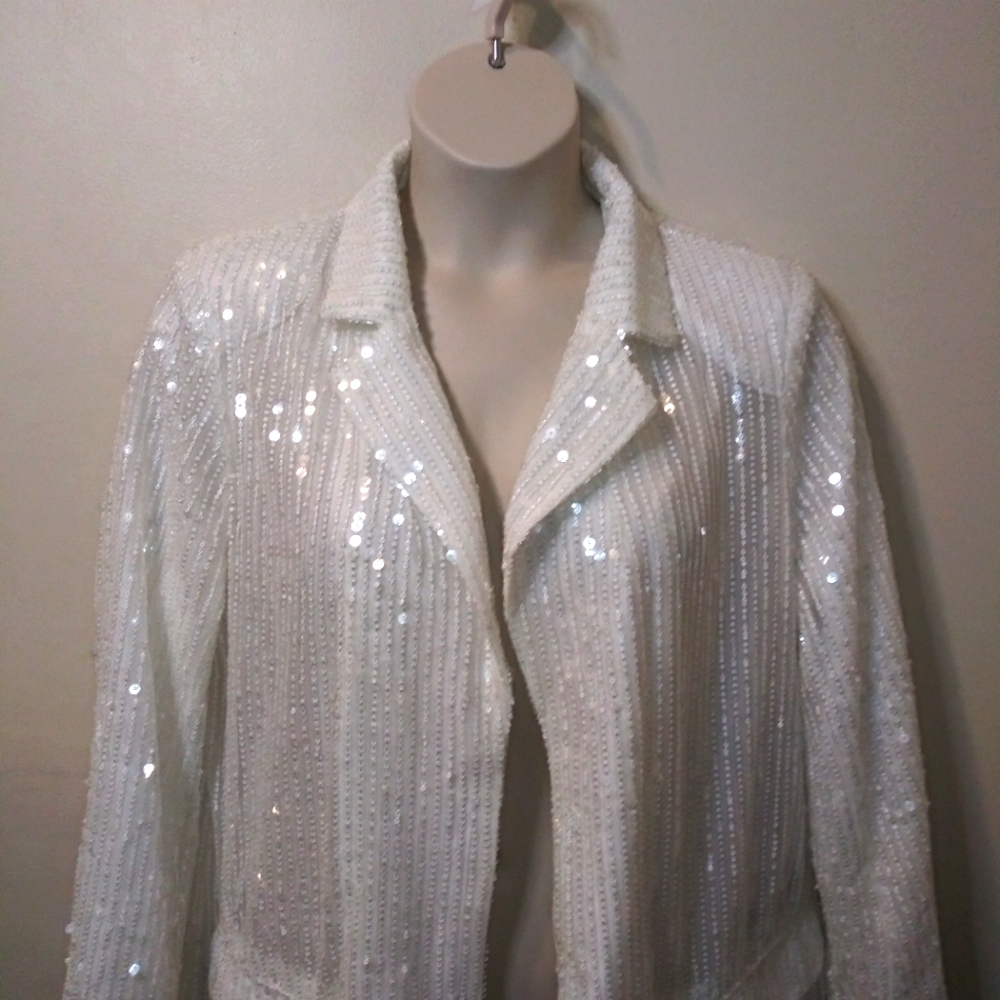 Boohoo White Sparkly Sequined Bridal/Special Occasion Coat Jacket - Picture 2 of 10
